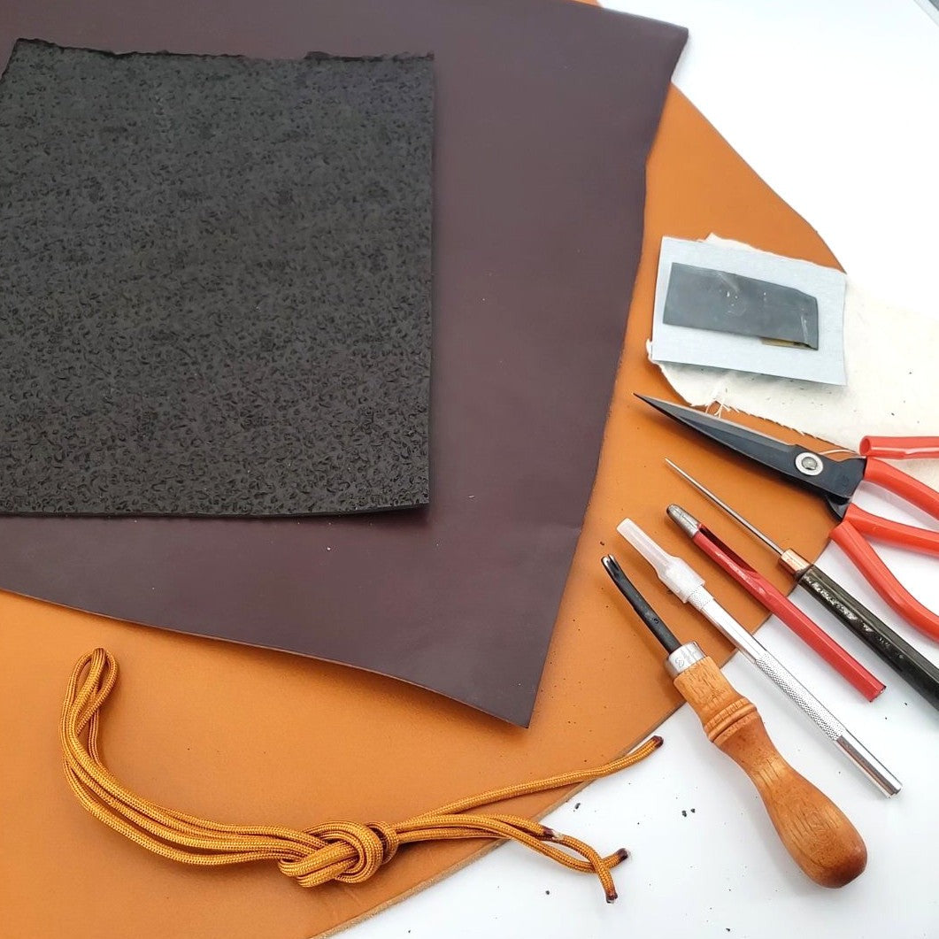 Rubber Sheet, Thick Vegetable-Tanned Leather, Sandpaper, Linen Cloth, Wax, Scissors, Awl, Belt Punch, Scalpel, Edge Beveler